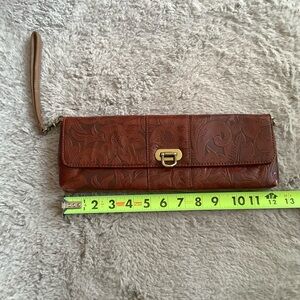 Nine West Brown Floral Embossed Leather Wristlet Clutch